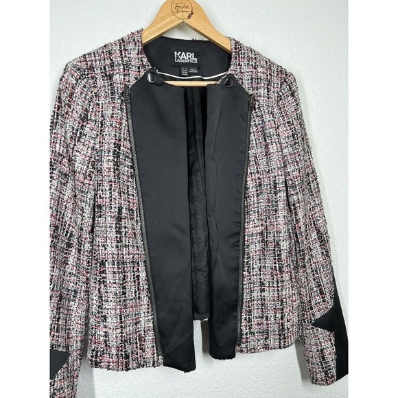 Karl Lagerfeld Womens Tweed Double Zip Moto Jacket Blazer IT 44 US Medium - Picture 5 of 8
